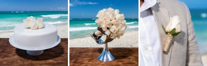 unico weddings include a white wedding cake, white bridal bouquet and white boutonniere